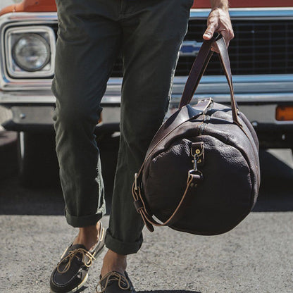 WILLIAM LEATHER DUFFLE BAG - OLIVE - SADDLE STRAPS - IN STOCK