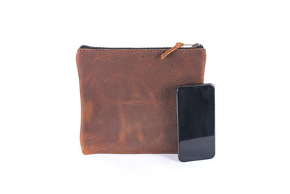 LEATHER TOP ZIPPER POUCH - REDWOOD BISON
